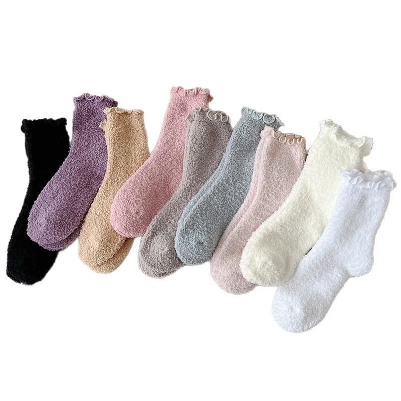 Fungus Edge Coral Fleece Socks Women'S Winter Warm Feet Thickened Warm Medium Tube Home Floor Socks Lace Solid Color Women'S Socks