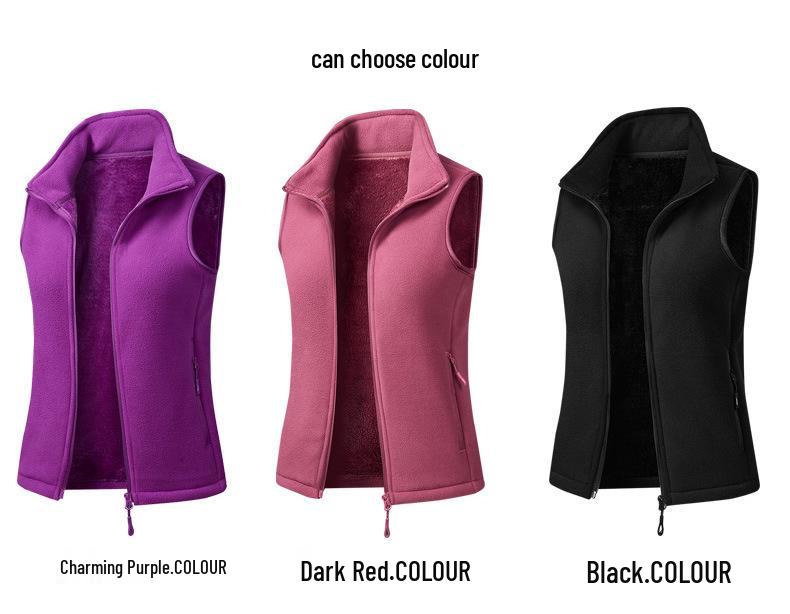 Women's European Size Fleece Vest - Casual Stand Collar Outerwear for Autumn/Winter, Plus Velvet Sleeveless Cardigan