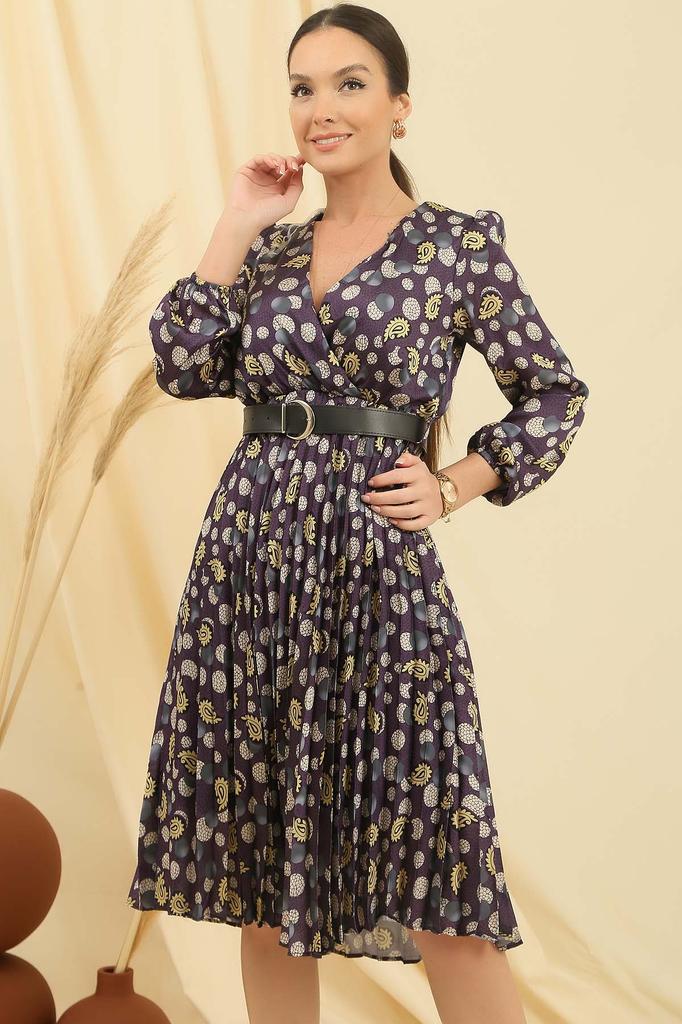 Double Breasted Neck Waist Belted Lined Paisley Patterned Pleated Satin Dress