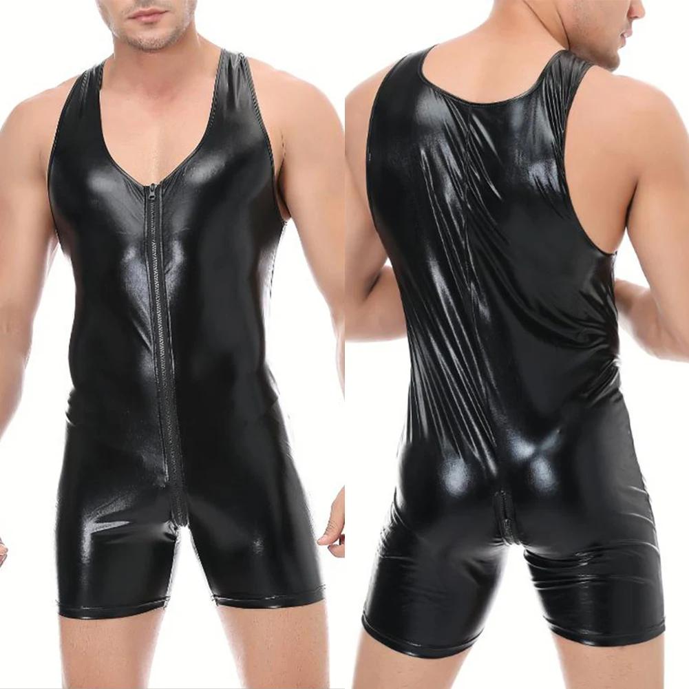 Men Fetish Sexy Lingerie Bodysuit Clubwear Tights Jumpsuit Nightclub Patent Leather Zip Leotard One-Piece Vest Stage Costume