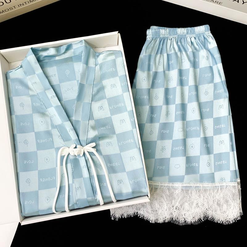 New Chinese-Style Disc-Buckled Pajamas Women S Summer Day Ice Silk Cardigan Plaid Loungewear Short-Sleeved Set M