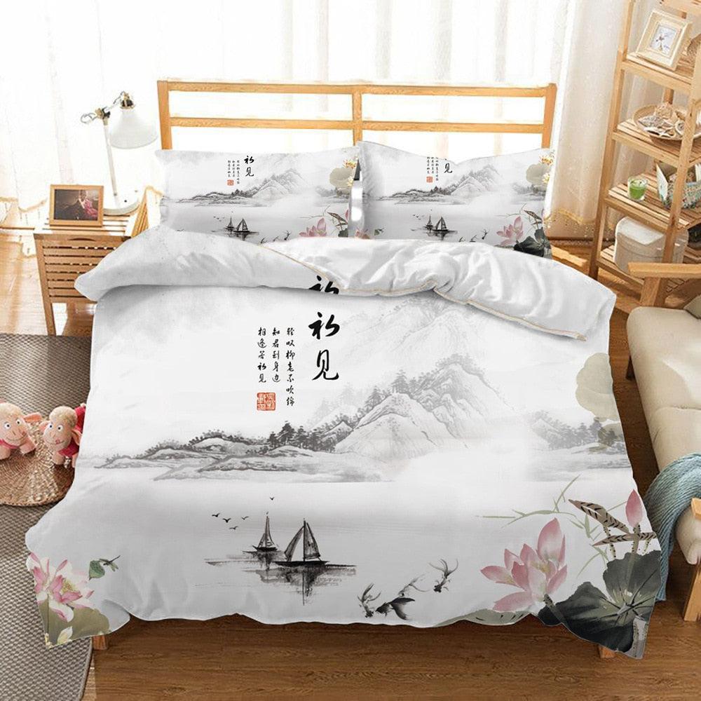 Japanisches Samurai Bettbezug Set Jungen Mädchen Kirschblüten Bettdeckenbezüge Roter Sonnenuntergang Bettwäscheset Japanischer Stil Steppdeckenbezug