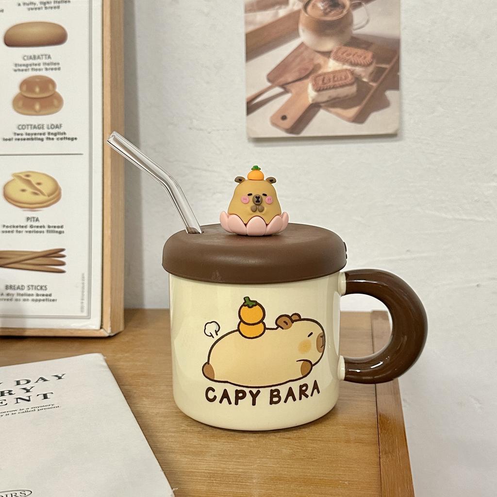 Ceramic Cup with Lid and Straw Water Cup Cute Kapibala Mug High Looking Girl's Home Coffee Cup