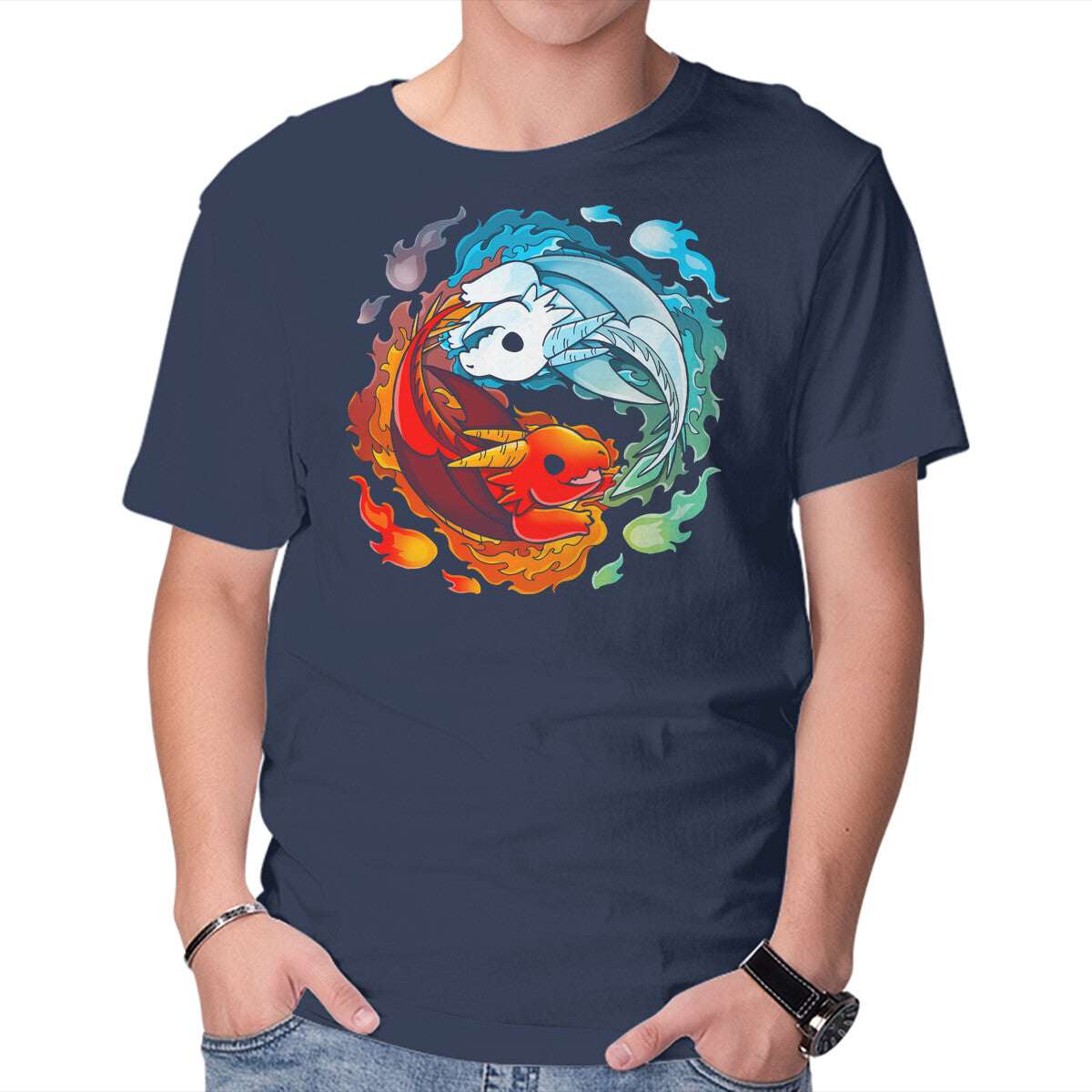 Unisex Crew Neck T-Shirt Yin Yang Fire Water Dragons Graphic Short Sleeve Casual Tee XXL