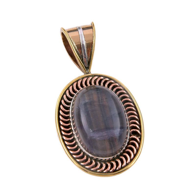 Natural Fluorite Gemstone 925 Solid Sterling Silver Two Tone Pendant 1.50" i9Y03