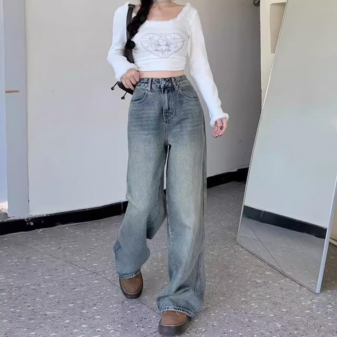 Women s Distressed Washed Denim Jeans - Straight, Loose Fit for a European & American Street Style Vibe S