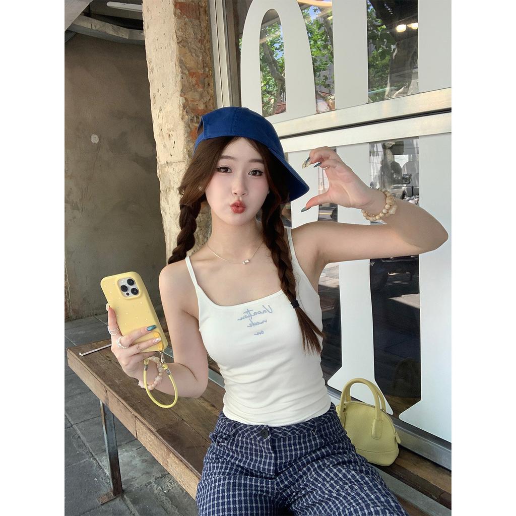 Women Spaghetti Strap Camisole Top Generic Letter Embroidery Ribbed Slim Fit Cami Tank Top, Cloud White Milk Blue Gray Black
