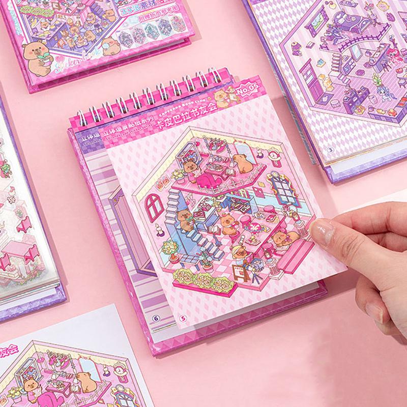 1 Set  Cabin Scene Pocket Stickers Cartoon Diy 3D Landscape Sticker Book Festival Birthday Gift For Student Kid Child