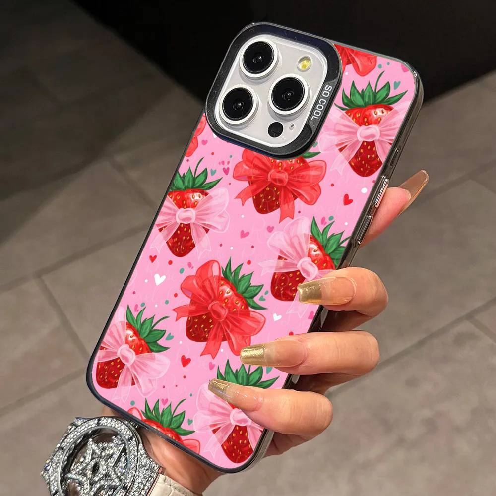 Cute Strawberry Phone Case For iPhone 17,16,15,14,13,12,11 Plus,Pro Max,XS,Colorful Silver Phone case Funda Cover