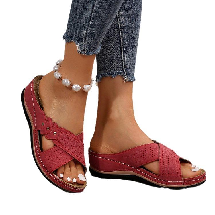Large Size Wedge Slippers Women's Summer New Sandals Versatile Flat-bottomed Slippers Non-slip Rocking Line Lightweight Cool Slippers