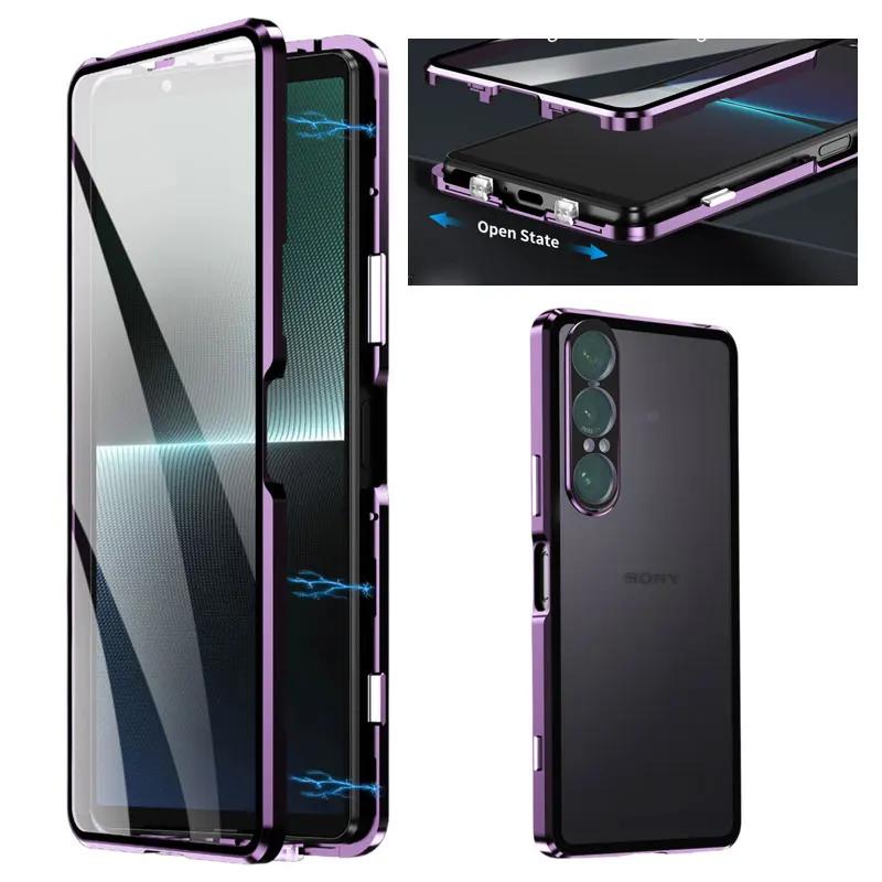 Custodia Protettiva Integrale 360 con Telaio in Metallo per Sony Xperia 1 V II, Cover per Telefono in Vetro Temperato Bicolore con Assorbimento Magnetico