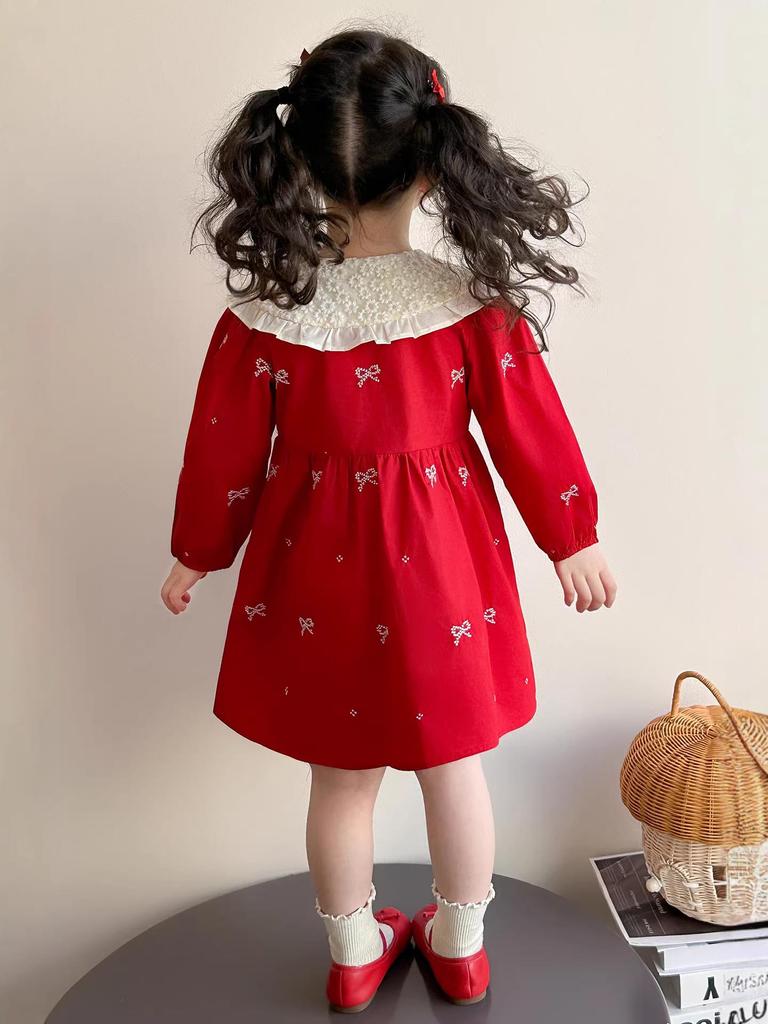 Spring Lace Collar Dress for Girls - Bow Embroidered Princess Skirt
