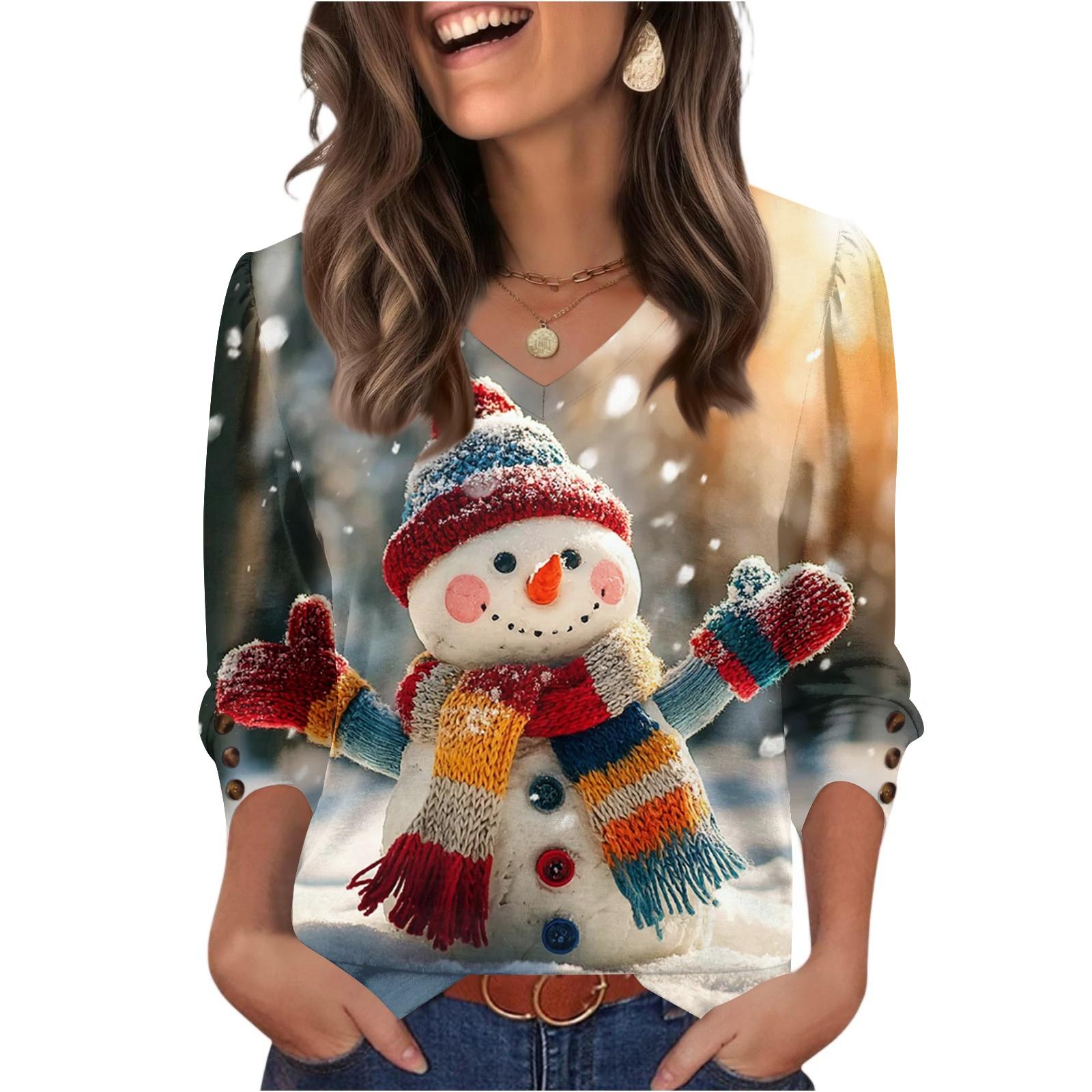 

Женский модный повседневный топ с V-образным вырезом и рождественским принтом XL белый