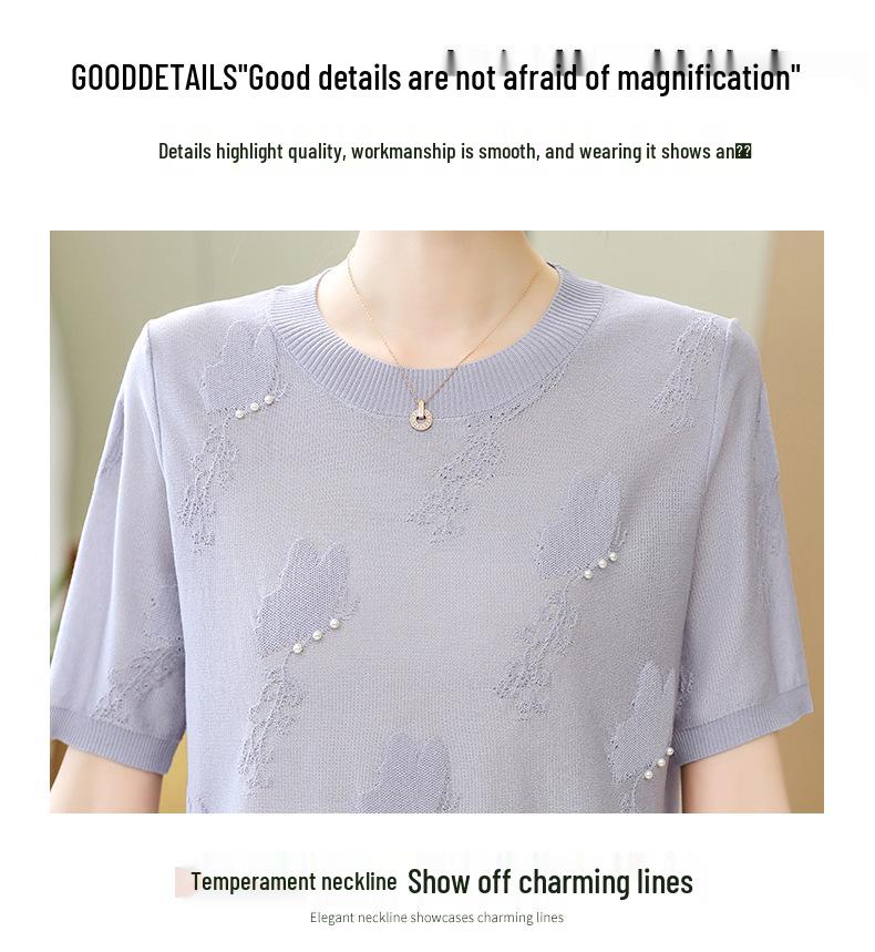 Stylish Ice Silk Knit T-Shirt – Short-Sleeve Round Neck for Middle-Aged and Elderly Women