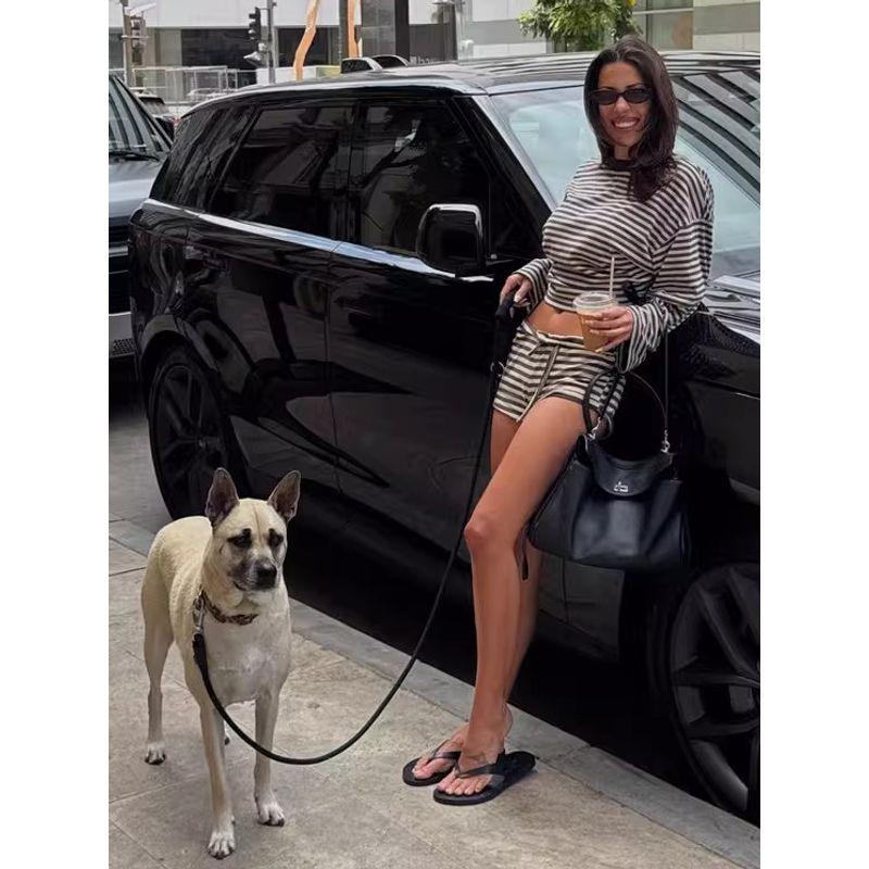 Classic Stripes American Sexy Japanese Magazine Wind Sloth Loose Contrast Color round Neck Long Sleeves T-shirt Slimming Shorts Two-piece Set