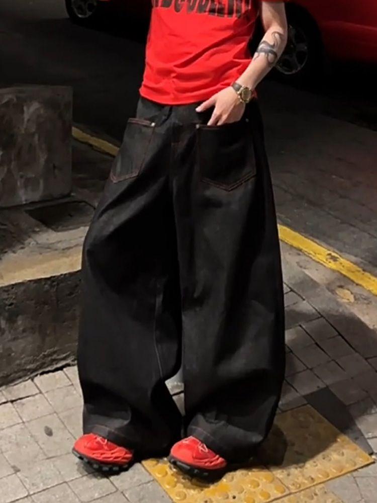 ZYLLO Americké červené Vyšívané džíny Retro Široké kalhoty k podlaze Velká velikost Těžký průmyslový design Senzorický streetový oděv