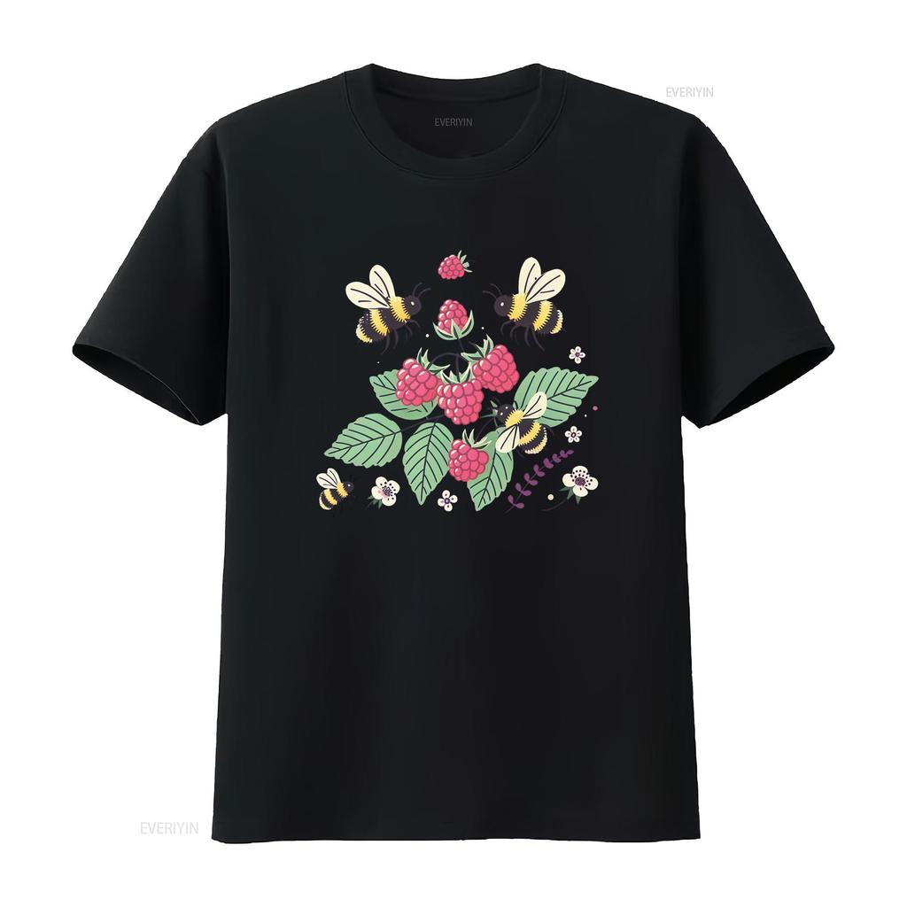 Cute Cartoon Bumblebee Raspberry Wild Floral Nature Print Casual T Shirt vintage Washed Stylish Unisex Stretched Versatile