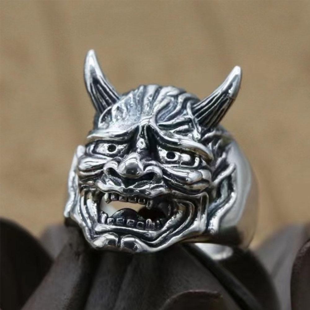 Punk Hannya Oni Maskenring Herren | Gotischer Dämon Teufel Biker Schmuck | Vintage Kupferbeschichteter Fingerring Für Herren Party Geschenk gray