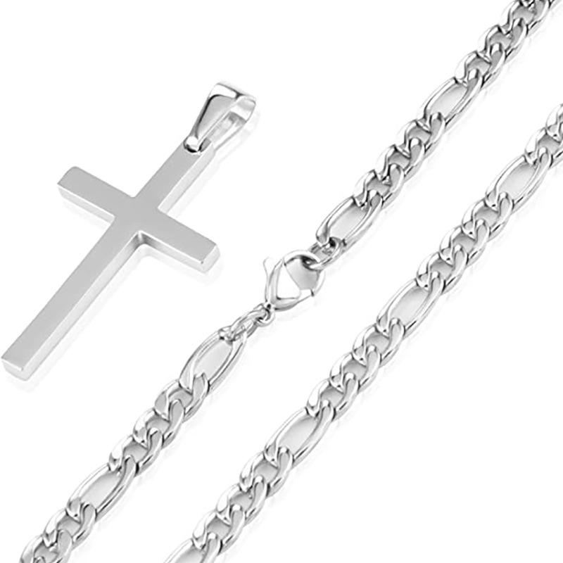 European American Men s Simple Fashion Cross-Border Stainless Steel Cuban Chain Cross Pendant Necklace Gold Plated Trendy Style 18inches серебряный