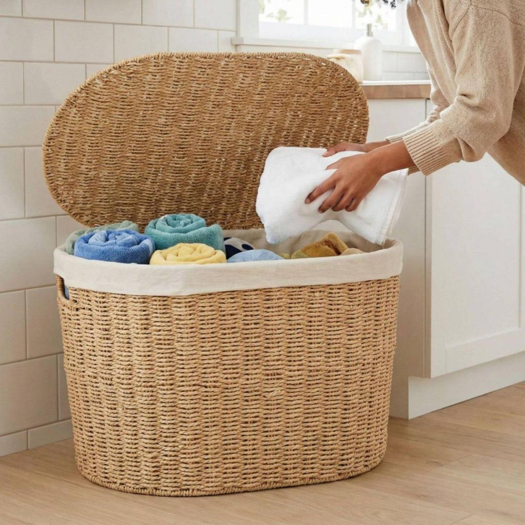 Paper Rope Hamper Lid Included Basket Decorative for Bedroom