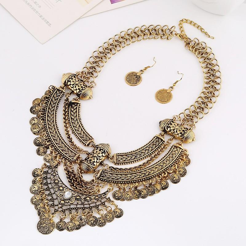 Coin Retro Style Crescent Tassel Thick Chain Short Collarbone Necklace