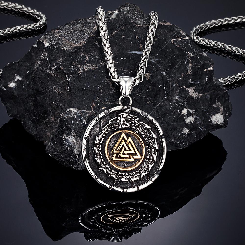 Vikings Ouroboros Dragon Necklace Men Stainless Steel Norse Runes Triangle Pendant Scandinavian Jewelry Gift