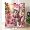 Christmas Cat Print Blanket, Tabby with Snowflakes Design, Extra Soft Flannel Throw, Holiday Themed Gift for Pet Lovers