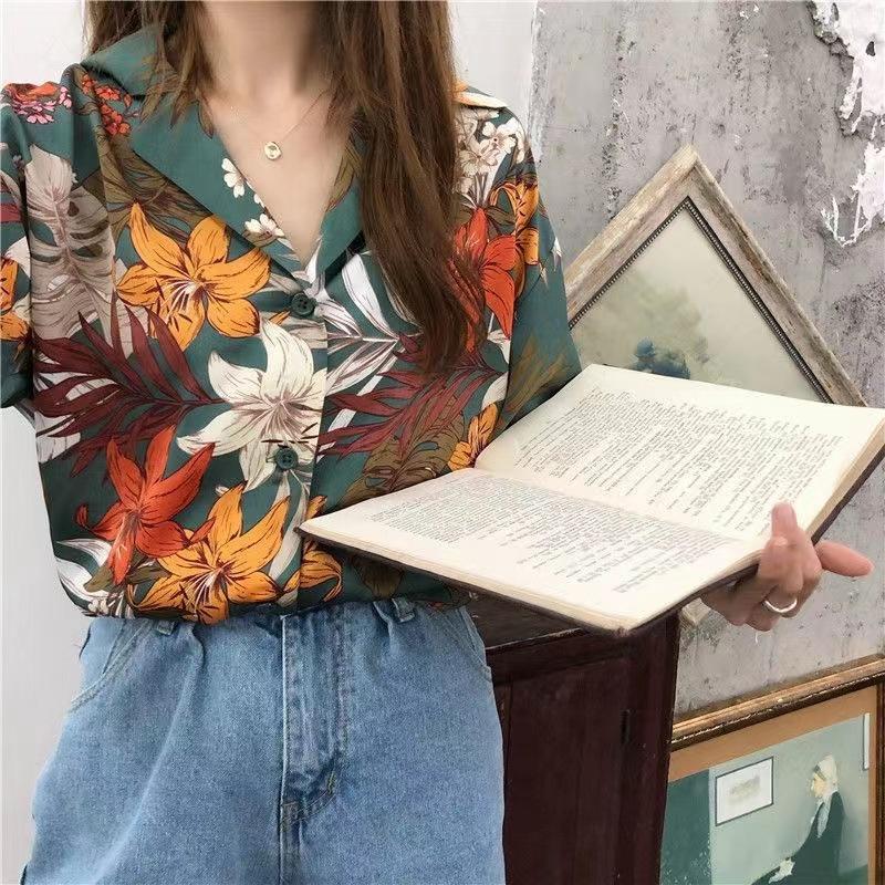 

Summer Beach Hawaiian Rose Shirts Vintage Red Floral Button Up Shirt Women Loose Casual Tops Japan Kawaii Shirt S