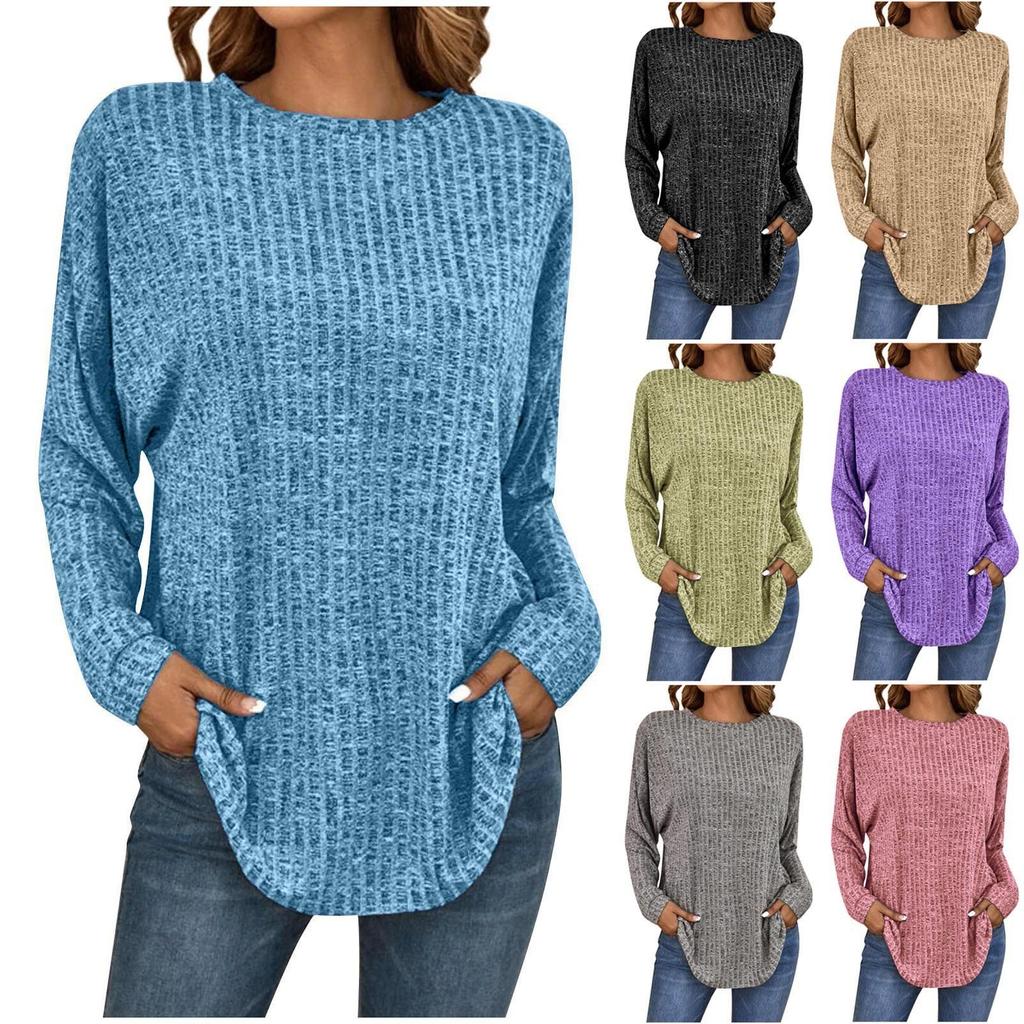 Women's Casual Knit Pullover Sweater Long Sleeve Loose Fit Round Neck Ribbed Texture Oversized Top for Everyday Wear