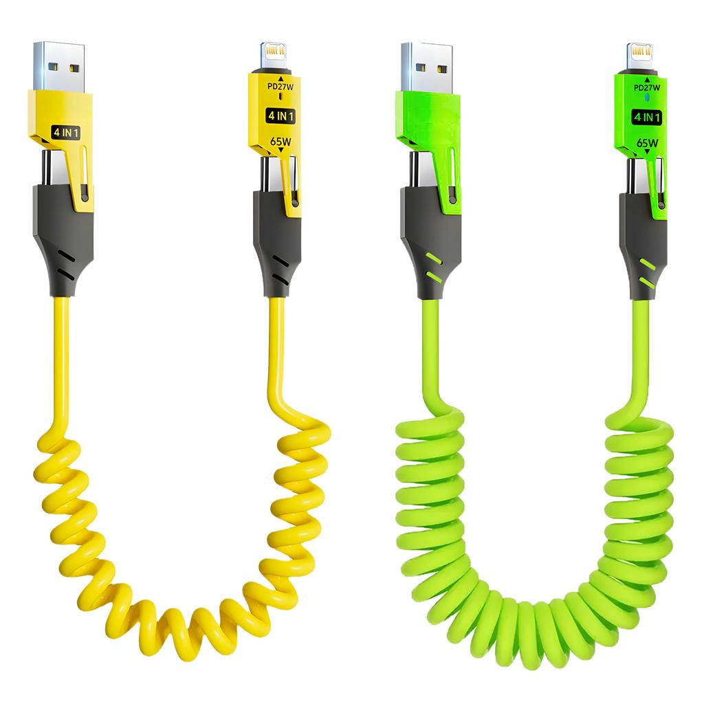 1/2PCS 4-in-1 Spring Data Cable & 65W Quick Charger: 6A USB Type-C Telescopic Wire Compatible with iPhone/iPad/MacBook/Huawei