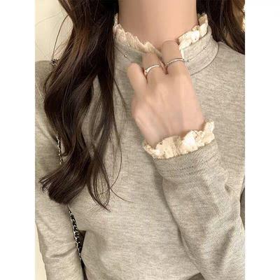 270g Lambswool Lace High-Collar Long-Sleeve T-Shirt for Women's Autumn/Winter