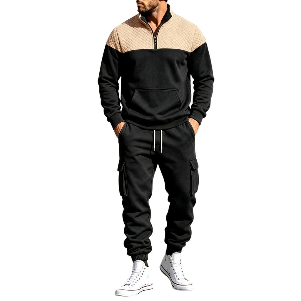 Men's Lined Track Suit with Stand Collar - Casual Color Block Sweatshirt and Pants Set, Loose Fit Two Piece Outfit for Fall Winter Outdoor
