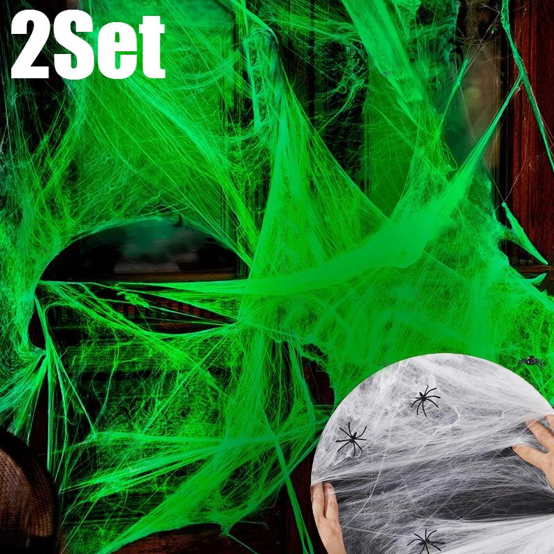 White Stretch Cobwebs Glow Decor Halloween Black Plastic Spiders Spider Web Indoor Creepy Party Supply Dark Glow Essential