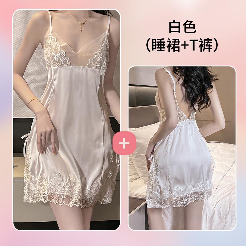 Sexy sexy pajamas women's summer ice silk new high-end thin small breasts gather lace suspender nightdress set