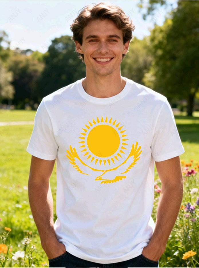 Kazakhstan National Emblem Sun Eagle Printed Short Sleeve Tshirt Ethnic Style Pure Cotton Unisex Top