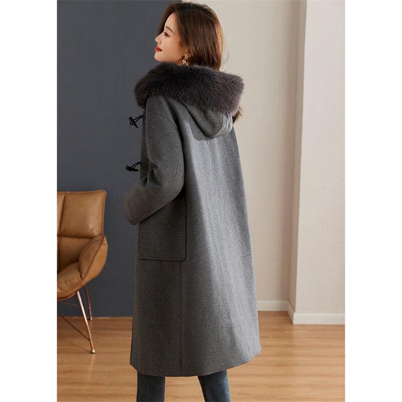 Shang Jing 2025 Winter Women's Faux Fur Lined Long Wool Blend Coat