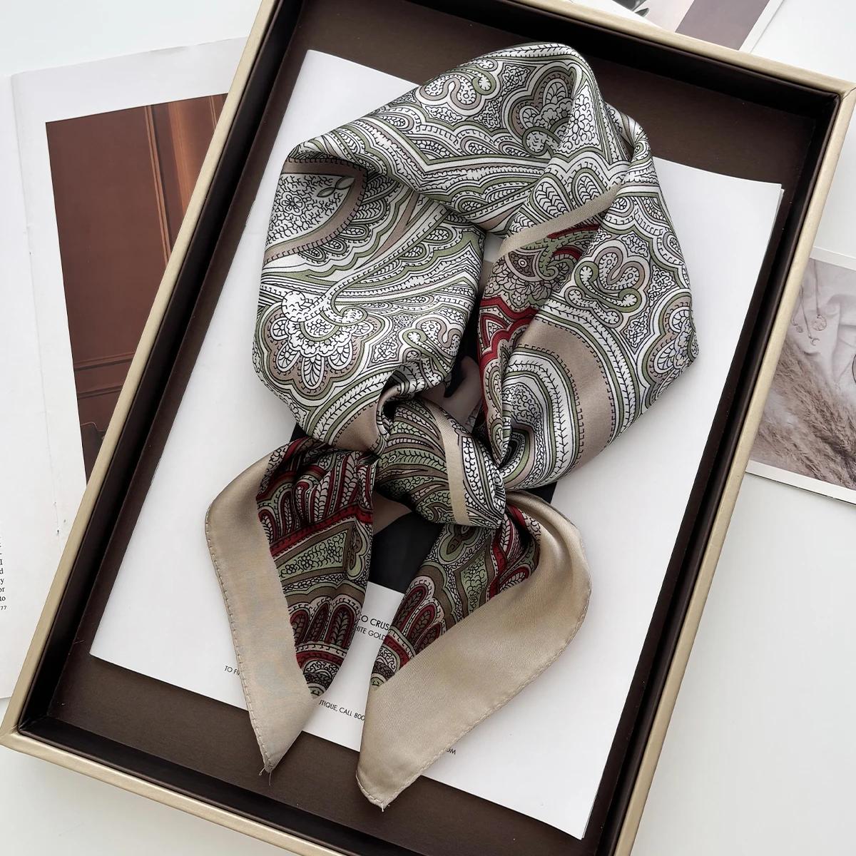 

New Luxury Floral Print 70*70cm Satin Square Scarf Women Soft Hairband Neckerchief Tie Female Headband Foulard Bag Ribbon 70x70CM