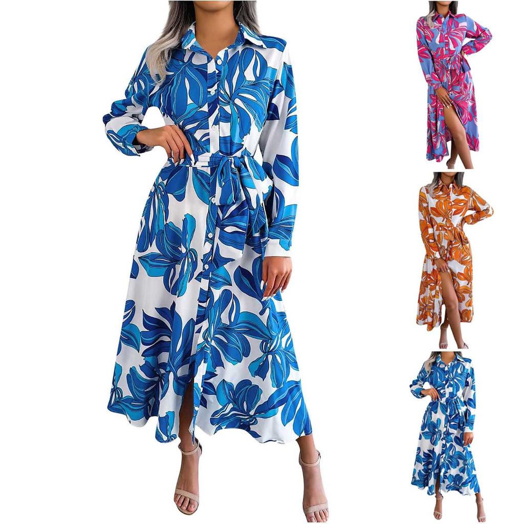 Dámské módní květinové šaty s dlouhým rukávem a potiskem