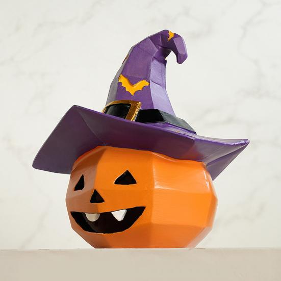 Halloween Ornament Pumpkin Wearing Witch Hat Shape Statue Indoor Outdoor Decor Spooky Halloween Tabletop Decoration