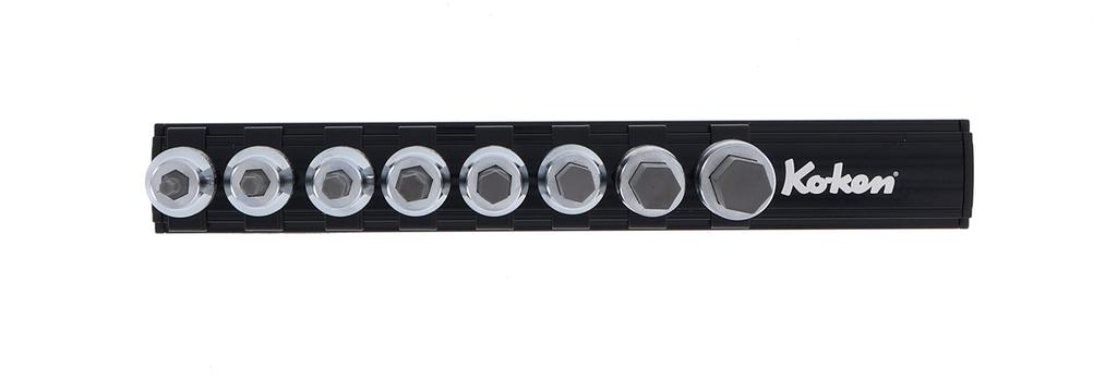 Yamashita Kogyo Kenkyusho Ko-ken Z-EAL 3/8 (9.5mm) SQ. Hex Bit Socket Rail Set, 50mm Overall Length, 8-Piece Set RS3010MZ/8-L50