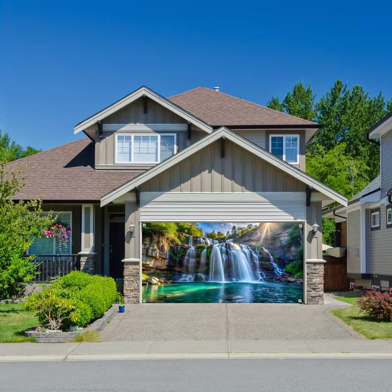 2D Turquoise Lake Waterfall Garage Banner Outdoor Holiday Decoration
