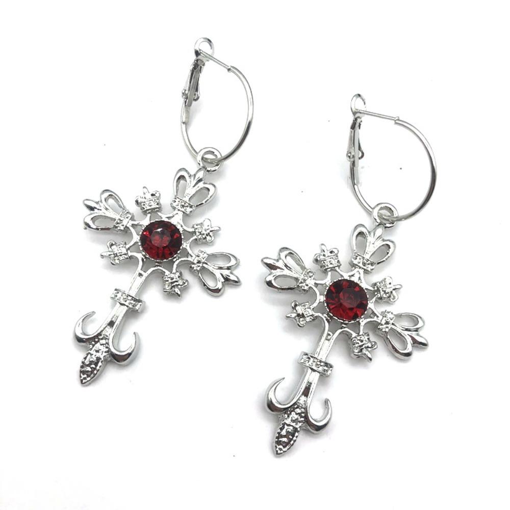 Gothic Punk Hollowed-out Cross Anchor Red Zircon Pendant Dangle Earrings for Women Personality Charm Hoop Earring Jewelry Gifts