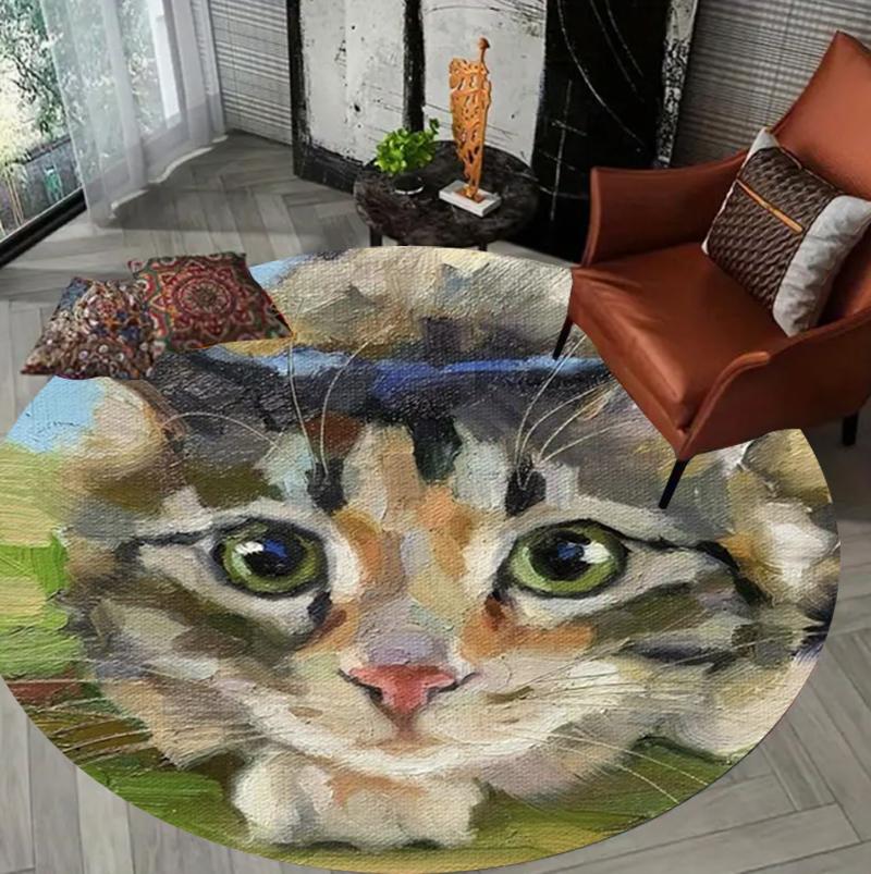 Artistic Cat Round Rug Oil Painting Style Home Decor Animal Pattern Carpet Soft Non-Slip Floor Mat for Living Room Bedroom