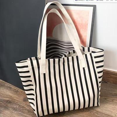 Summer Ladeis Striped Canvas Tote Handbag Retro Shopping Beach Simple Shoulder Bag Casual Vacation Commuter Bag CLE