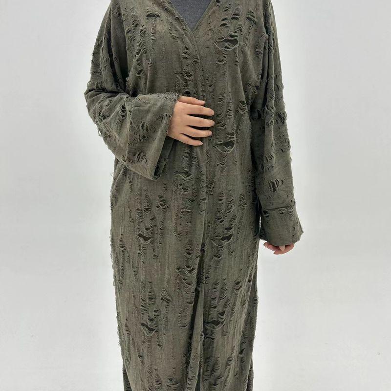 

Новое поступление Ближний Восток Турция Рваный Крутой Кардиган Халат Платье На шнуровке Рваное Платье с дырками Army Green 2XL