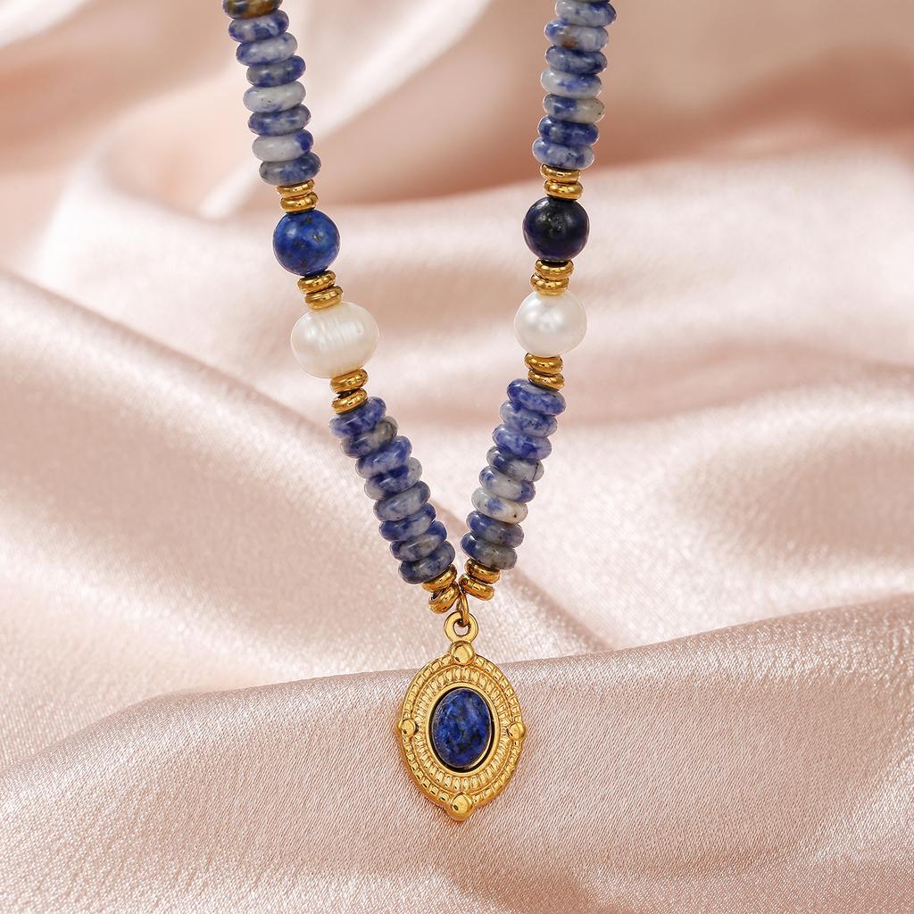 Freshwater pearl flat lapis lazuli pendant necklace women's fashion titanium steel temperament design neck chain bracelet set
