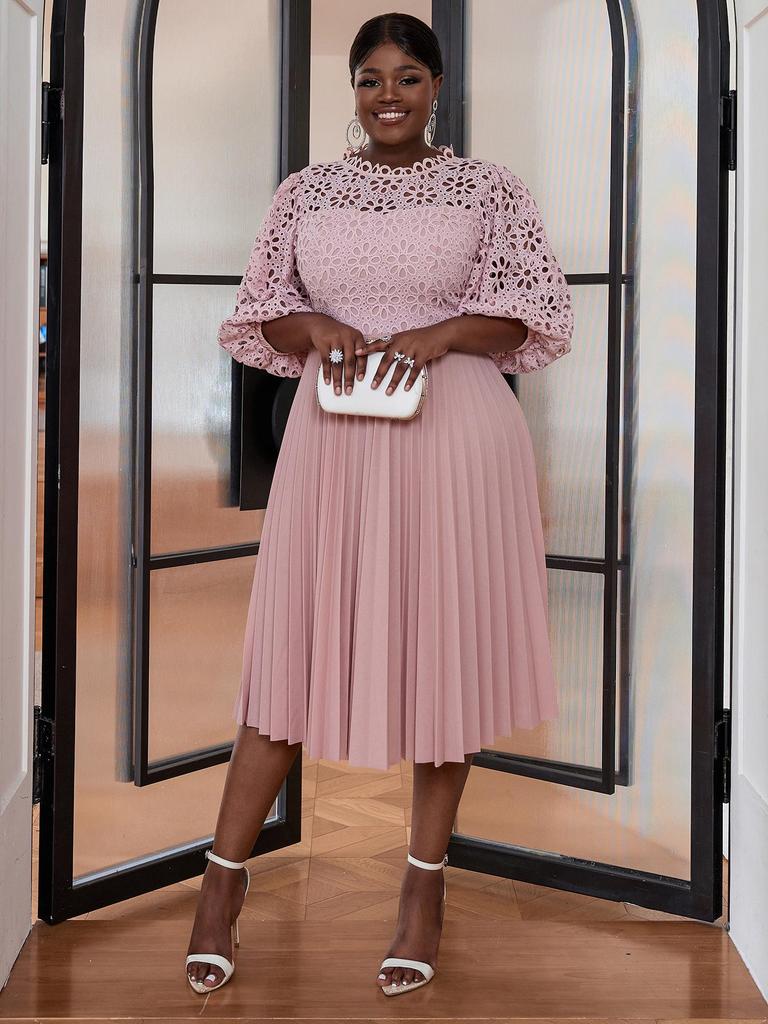 Plus Size Lace Lantern Sleeve Dress with Pleated Skirt - Christmas Gift