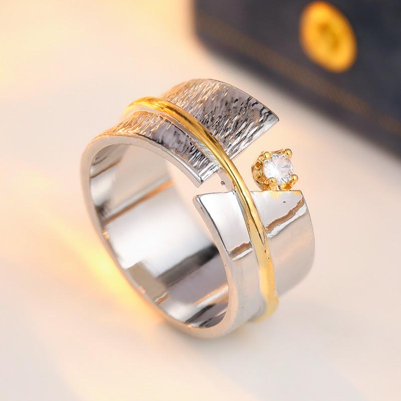 Vintage Inlaid White CZ Women's Ring Ethnic Two Color Hand Carving Daily Wear Party Jewelry Anniversary Gift