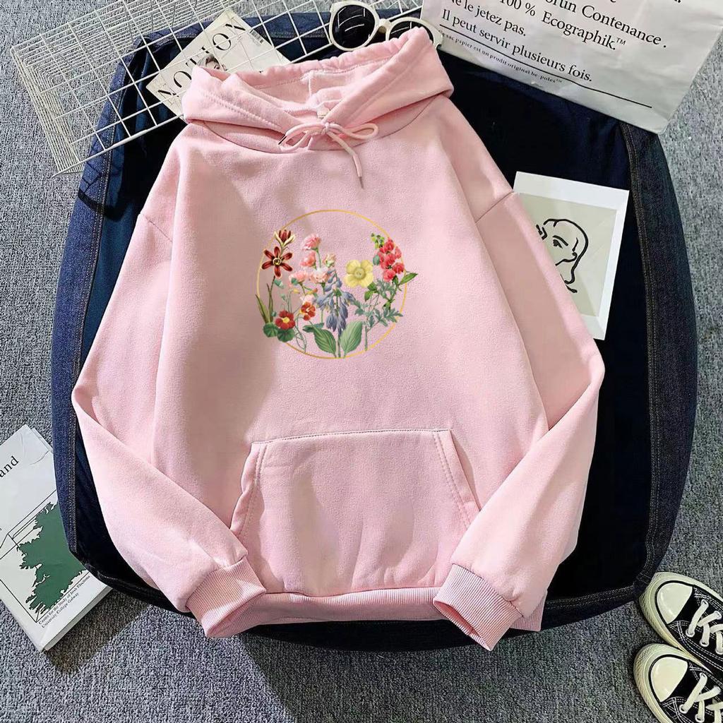 Autumn New Flower Print Sweatshirt for Women Oversize Loose Casual Velvet Hooded Hoodie Top for  Student