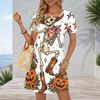 Women Plus Size Round Neck Short Sleeve A Line Dress Cute Cartoon Raccoon Pumpkin Printed